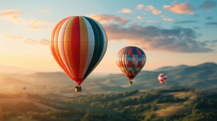 Fototapeta premium Enchanting hot air balloons floating gracefully over a picturesque mountainous valley at a serene and dreamy sunset