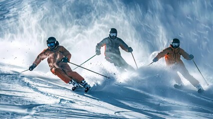 Three skiers are racing down a steep snowy mountain, leaving trails of snow behind them, Skiers racing down steep slopes, leaving trails of powdery snow in their wake