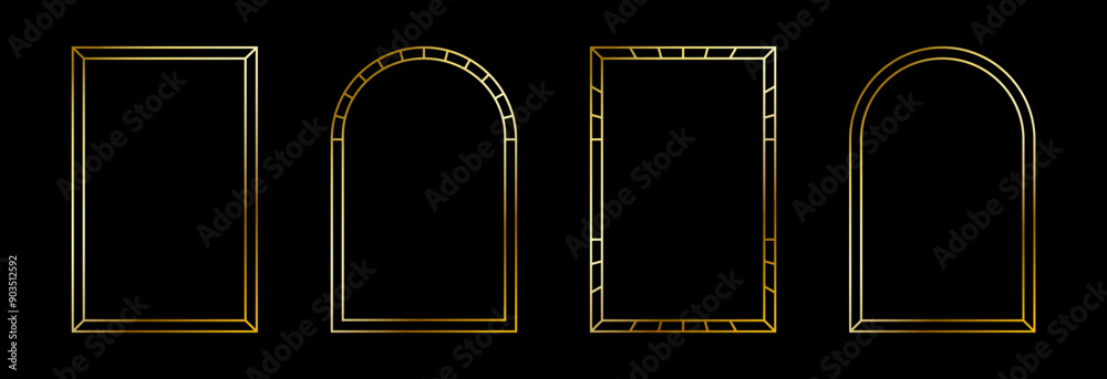 Poster thin golden frame set. gold rectangle and arch border collection in art deco style. thin linear shin