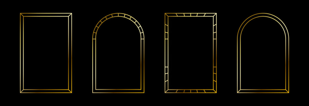 Thin golden frame set. Gold rectangle and arch border collection in art deco style. Thin linear shining shape bundle. Metal glowing shiny boarder element pack for photo, cadre, poster, card. Vector