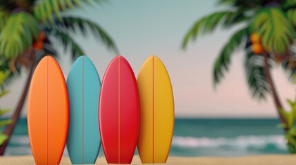 Colorful surfboards in various vibrant hues lined up on a picturesque tropical beach with swaying palm trees and the vast calm ocean in the background