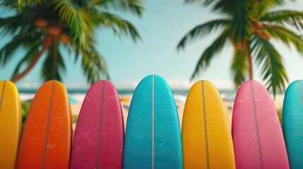 Rows of colorful surfboards standing upright on a sandy tropical beach surrounded by swaying palm trees under a bright clear blue sky   a serene and inviting summer vacation scene