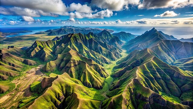 Aerial view of the rugged mountains and valleys of the Macanao Peninsula, mountain range, landscape, aerial view