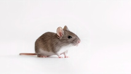 one small gray mouse on white background isolated