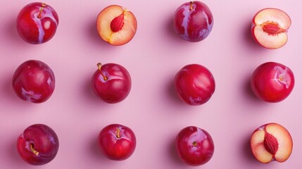 Beautifully arranged whole and halved plums in a visually striking display against a pastel colored backdrop  The deep depth of field highlights the luscious