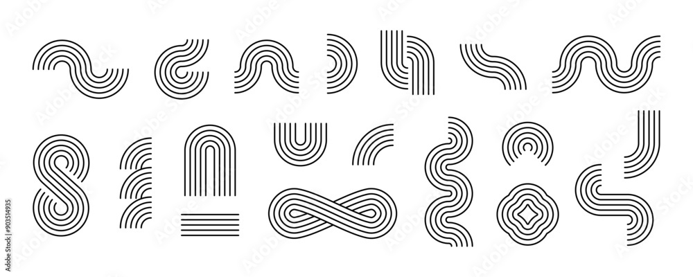Poster black boho geometric shape set. mid century curves, waves and arches collection. decorative line ele