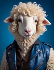 white sheep wearing a leather jacket