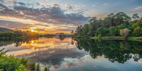 Obraz premium Tranquil sunset over a lake, surrounded by lush greenery and reflecting in the mirrored waters, sunset, lake, tranquil, serenity