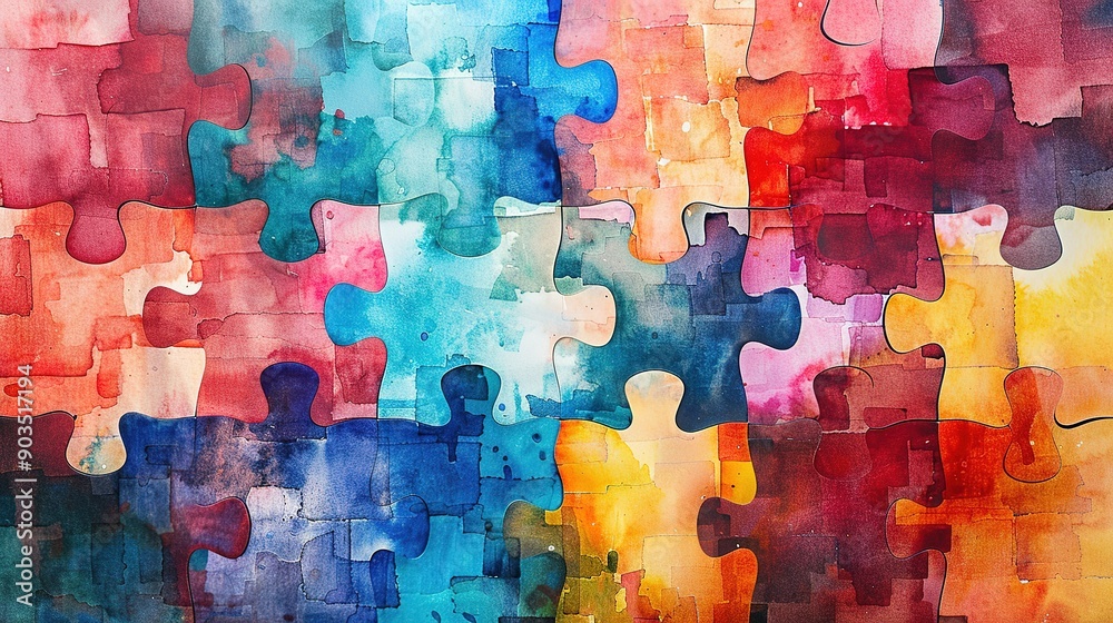 Wall mural Watercolor Puzzle Pieces with Vivid Colors