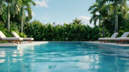 Luxurious swimming pool with crystal clear water and comfortable sun loungers set in a lush tropical resort environment providing a serene and rejuvenating escape for guests