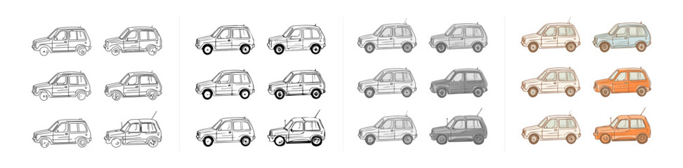 Set of 18 car illustrations in various colors and styles. Perfect for design projects, websites, and presentations.