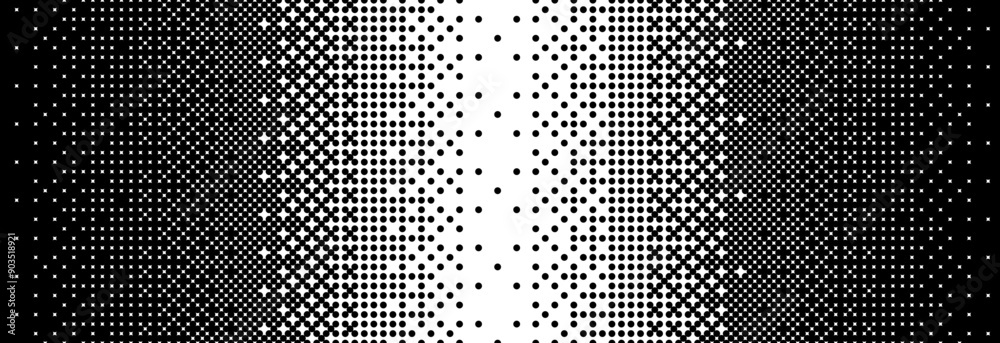 Poster Fading bitmap gradient texture. Black and white dither pattern background. Abstract pixelated glitchy pattern. 8 bit video game screen wallpaper. Vanishing halftone backdrop. Vector retro pixel art