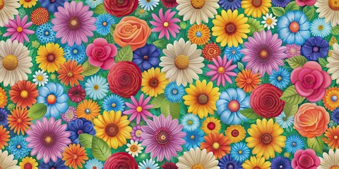 Seamless pattern background of colorful flowers, floral, spring, garden, repetitive, botanical, wallpaper, vibrant, blossom