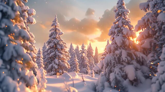 Winter scene with snowy landscape and trees covered in snow, Snow-covered trees and cozy winter scenes