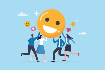 Employee satisfaction, workplace happiness or success team motivation, employee engagement or participation, feedback or company survey rating concept, business people employee with smile happy face.