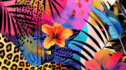 Fototapeta premium A maximalist background with an eclectic mix of geometric shapes, animal prints, and lush botanicals 