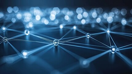 Abstract digital network background with blue glowing nodes and connections representing data, technology, and communication concepts.