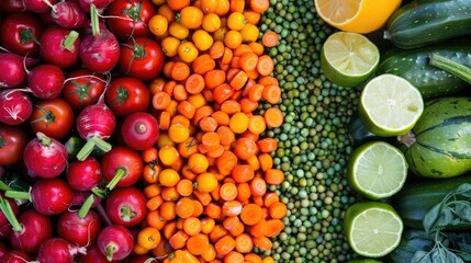 Assorted fresh vegetables and fruits arranged in rows, including radishes, carrots, peas, limes, and zucchini.