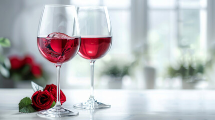 Elegant red wine in glasses with roses, perfect for romantic occasions or celebrations, set against a soft, bright background.