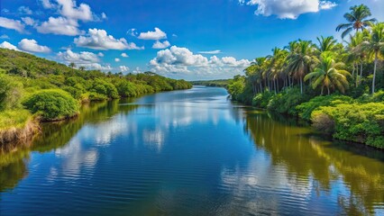 Fototapeta premium Scenic river view in Natal, Brazil with lush vegetation and clear blue skies, Natal, Rio Grande do Norte, Brazil