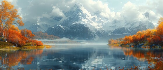 Fototapeta premium a peaceful autumn scene with bright orange trees mirrored in a calm lake beneath towering snow-capped mountains