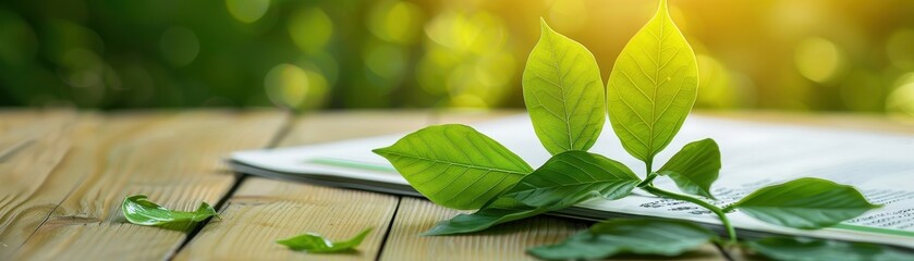 Obraz premium Fresh Green Leaves on Wooden Table with Sunlight in Background - Nature and Environment Concept