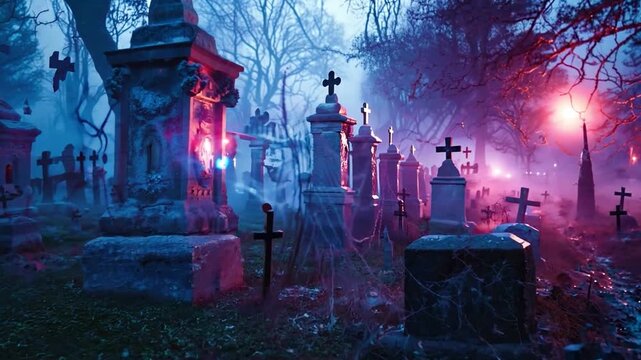 Creepy spiderwebs draped over gravestones in a haunted cemetery scene shrouded in ghostly mists on Halloween night