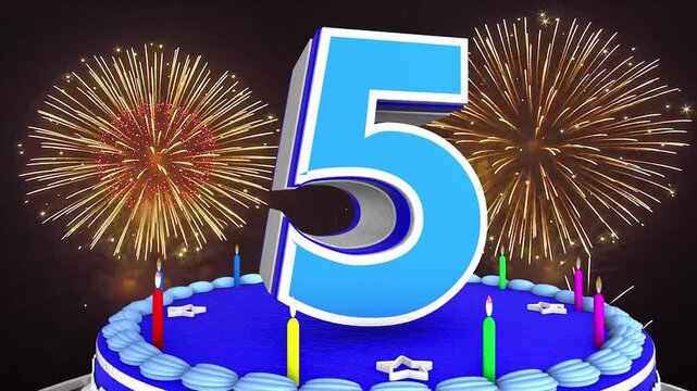 5 years, 5th birthday kids, children cake animation 3d render with confetti and balloon background. 4k