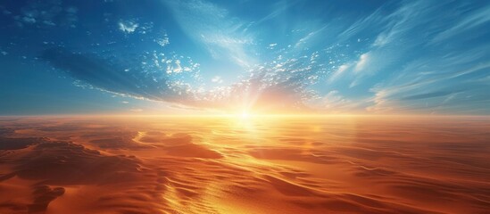 Fototapeta premium Stunning Sunset Over Expansive Desert Landscape with Dramatic Sky and Clouds