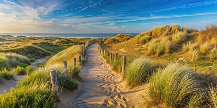 Path winding through the dunes of La Paracou in Les Sables d'Olonne, France, dunes, sandy, coastal, trail, walkway, outdoor