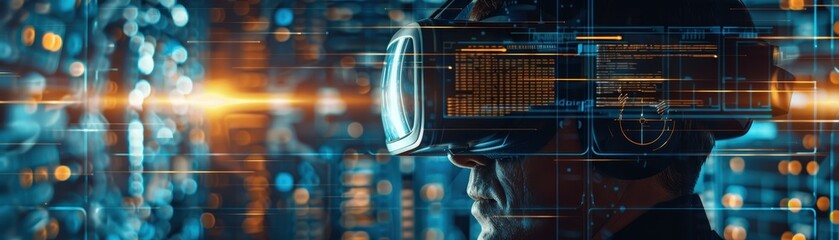Obraz premium Futuristic Man Wearing Virtual Reality Headset in a High-Tech Environment with Digital Interface