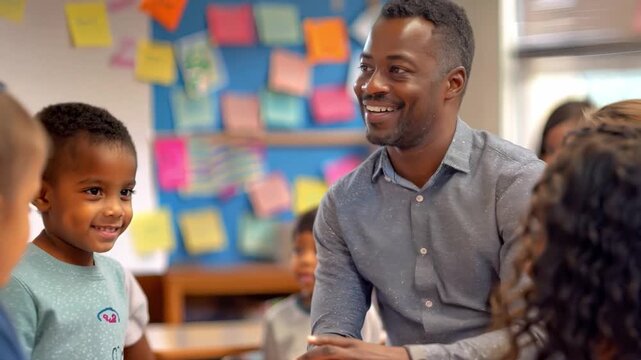 An inspiring shot of a teacher leading a lively discussion among eager students, showcasing the joy of education and fostering curiosity within an interactive classroom