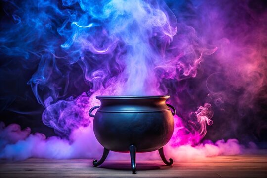 witch iron cauldron on purple glowing magic smoke background