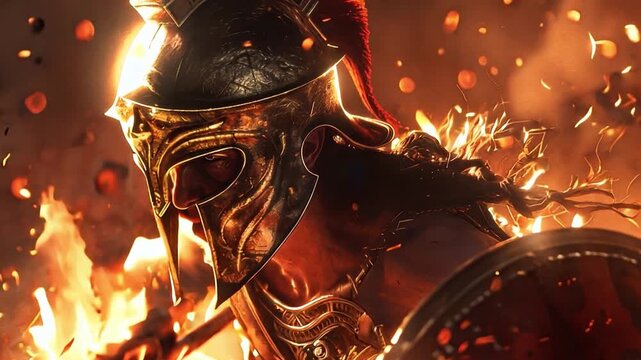 Athena is in a combat helmet brandishing a spear and shield, surrounded by flames and sparks, with incredibly detailed texture and rendering