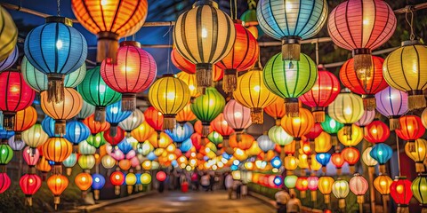 Naklejka premium Colorful paper lanterns glowing at night during festival celebration, festive, paper lanterns, lights, decorations