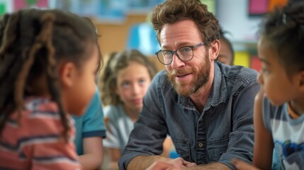 An inspiring shot of a teacher leading a lively discussion among eager students, showcasing the joy of education and fostering curiosity within an interactive classroom