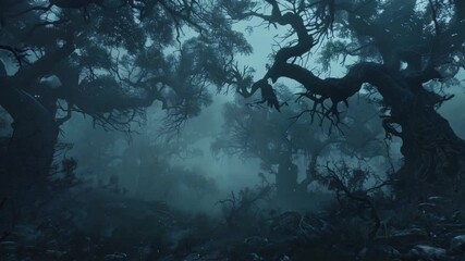 An eerie mist settles over gnarled trees in an ominous forest setting, creating an atmospheric backdrop for any Halloween-themed project or content - Powered by Adobe