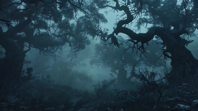 An eerie mist settles over gnarled trees in an ominous forest setting, creating an atmospheric backdrop for any Halloween-themed project or content