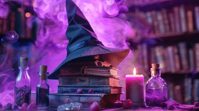 An enchanted hat perched atop spell books and potion bottles set against mystical purple smoke is perfect for conjuring up some dark magic this Halloween.