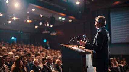 A man standing at a podium addressing a crowd of people with a captivating presentation, Speaker at a podium with a captivating presentation