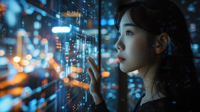 A close-up of the face of a woman who works for a cloud computing company that incorporates technology and keeps up with cloud computing trends. Graphics for digital backgrounds are helpful.