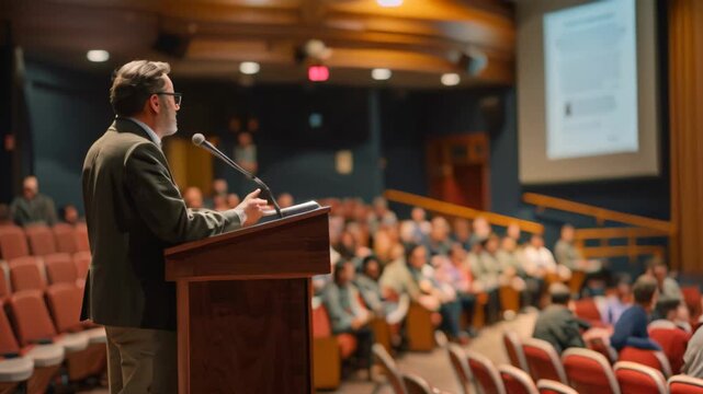 A man standing at a podium in front of a crowd, giving a presentation, Speaker at a podium with a captivating presentation
