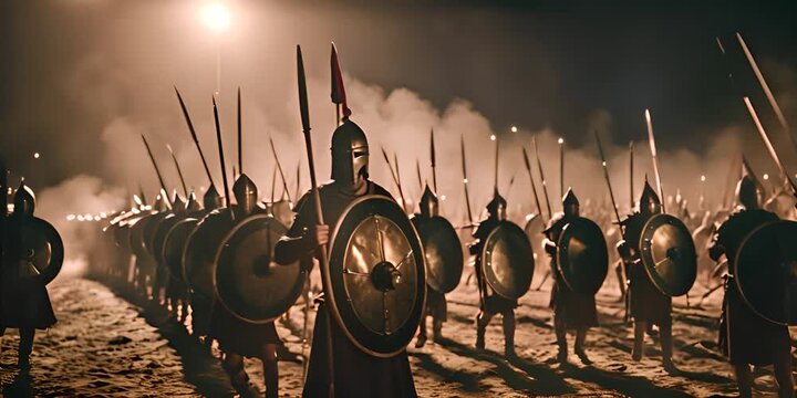 Nighttime Battle. Spartans with Swords and Spears