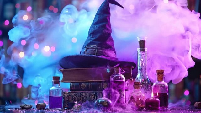 An enchanted hat perched atop spell books and potion bottles set against mystical purple smoke is perfect for conjuring up some dark magic this Halloween.