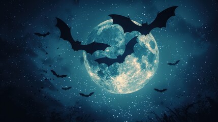 Fototapeta premium A dark silhouette of bats flying through the moonlit night sky against a backdrop filled with stars, captures the essence of Halloween mystery and intrigue