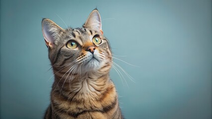 Obraz premium Tabby cat gazes upwards with curiosity, Tabby cat, curiosity, looking up, feline, whiskers, cute, domestic pet, animal