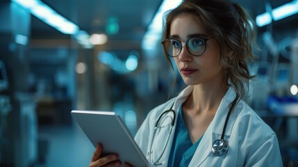 A doctor and woman using tablets in a hospital for reading, healthcare, and medical research, as well as for planning surgeries. Consultation via digital