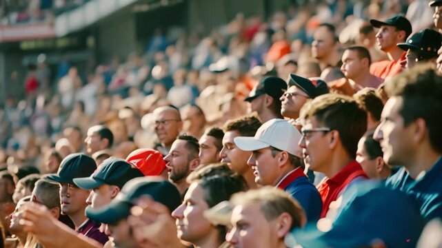 A packed stadium full of spectators and fans cheering during a baseball game, Spectators and fans filling the stands and cheering