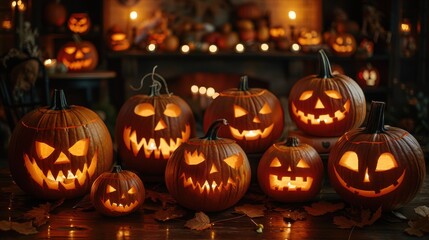 A festive collection of carved pumpkins illuminated by candles or fairy lights, showcasing their grinning, spooky faces