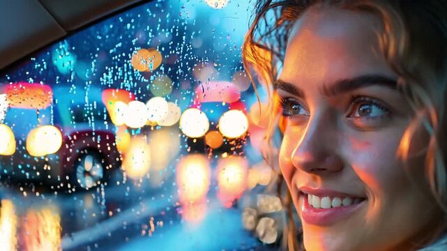 A young woman using her smartphone while driving to navigate or request a stop during modern ride-sharing services.